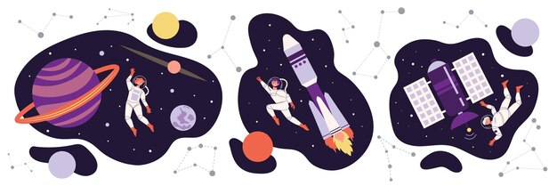 El concepto de diseño de la gente del espacio de la astronomía puso al hombre en ingravidez junto a Saturno junto al cohete y la ilustración del vector del satélite espacial