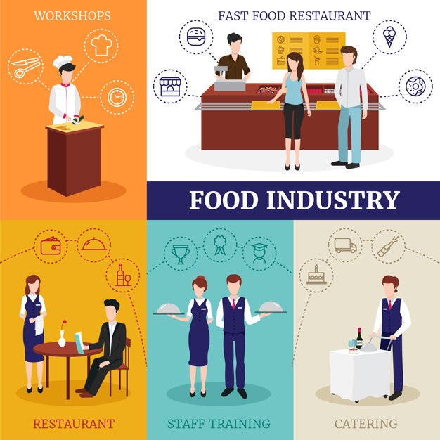 Concepto de diseño de la industria alimentaria con hombres y mujeres que trabajan en un restaurante