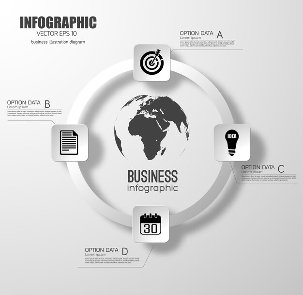 Concepto de diseño de infografía empresarial con diagrama de círculo de luz cuatro opciones e iconos de cuadrados redondos