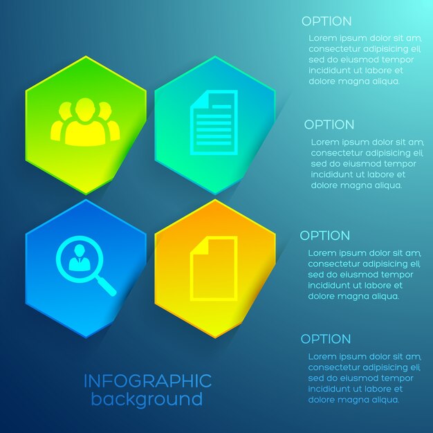 Concepto de diseño de infografía web con iconos de texto y cuatro hexágonos de colores