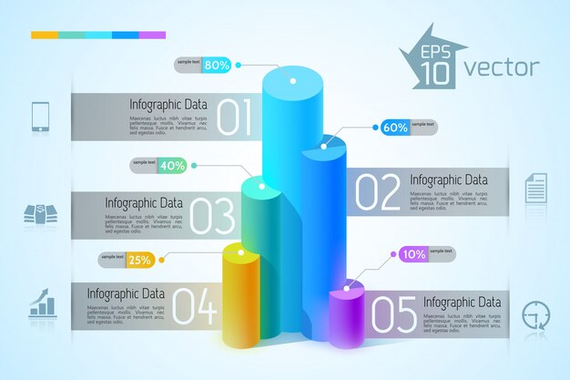 Concepto de diseño infográfico con coloridos gráficos 3d cinco opciones e iconos de negocios en la ilustración azul