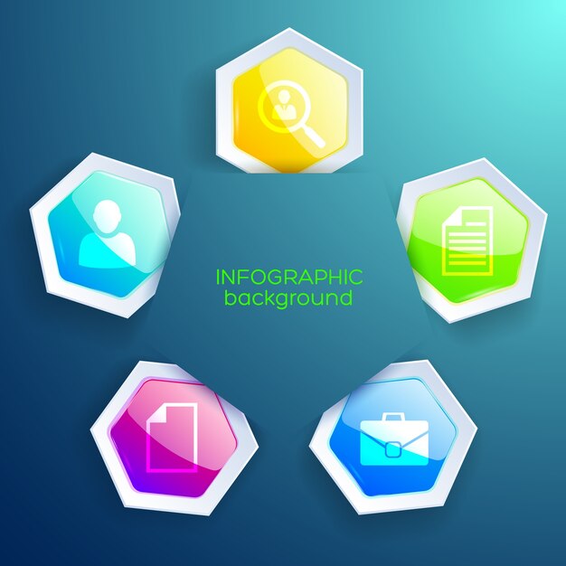Concepto de diseño infográfico empresarial con cinco formas hexagonales de papel de colores