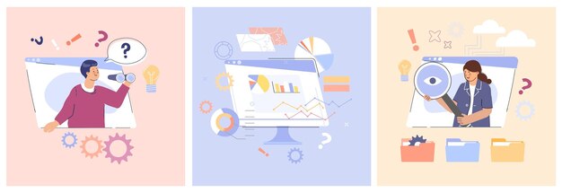 Concepto de diseño de inteligencia de negocios que representa ilustraciones cuadradas planas de búsqueda y recopilación de datos ilustración vectorial aislada