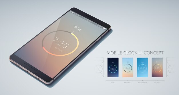 Concepto de diseño de interfaz de usuario colorido reloj móvil en ilustración plana ligera