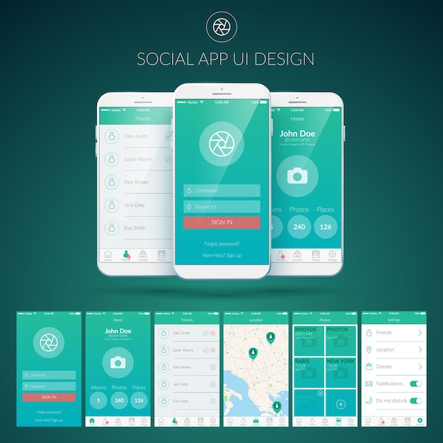 Concepto de diseño de interfaz de usuario con diferentes botones de pantalla y elementos web para aplicaciones sociales móviles