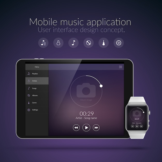 Concepto de diseño de interfaz de usuario con elementos web de la aplicación de música para dispositivos de reloj y tableta aislados ilustración vectorial