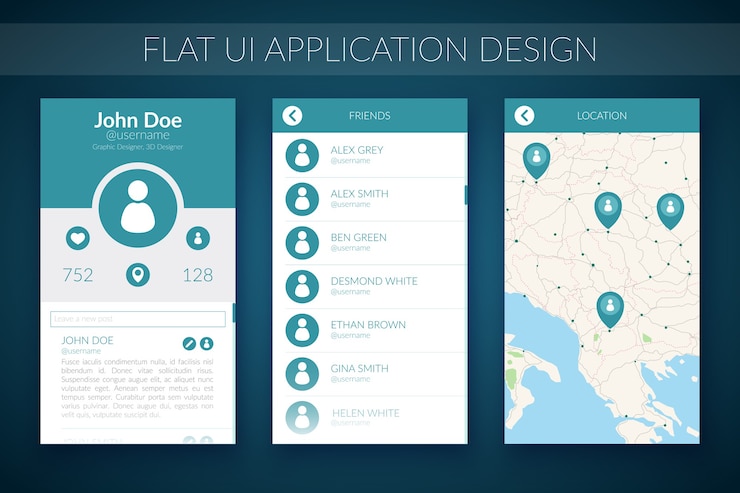 Vector gratuito concepto de diseño de interfaz de usuario plana con lista de contactos de mapa y elementos web para aplicaciones móviles