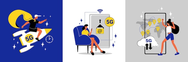 Vector gratuito concepto de diseño de internet 5g de alta velocidad con cohetes de personajes humanos y ilustración aislada plana de teléfono inteligente