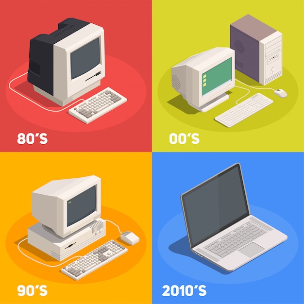 Vector gratuito concepto de diseño isométrico 2x2 gadgets retro con evolución de la computadora 3d aislado