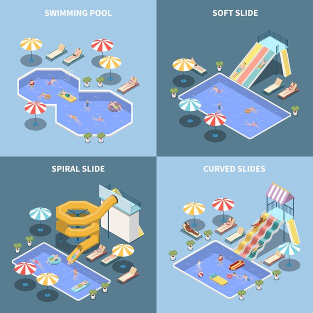 Concepto de diseño isométrico 2x2 del parque acuático parque acuático con imágenes de atracciones acuáticas y áreas de parques acuáticos