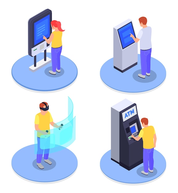 Concepto de diseño isométrico 2x2 con personas que utilizan interfaces de pantalla virtual de quiosco de información de cajeros automáticos aislada