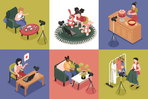 Concepto de diseño isométrico de blogger con símbolos de blog de moda y niños cuadrados ilustración aislada