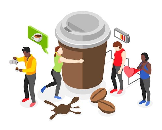 Vector gratuito concepto de diseño isométrico de café con personajes de personas pequeñas alrededor de una gran taza de papel de ilustración vectorial de café