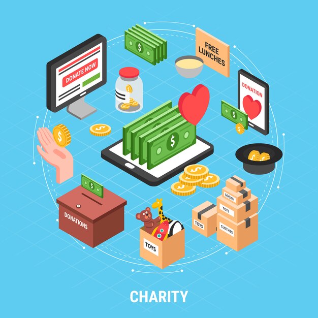 Concepto de diseño isométrico de caridad con billetes de dólar cartón de ropa y caja para recoger donaciones ilustración vectorial