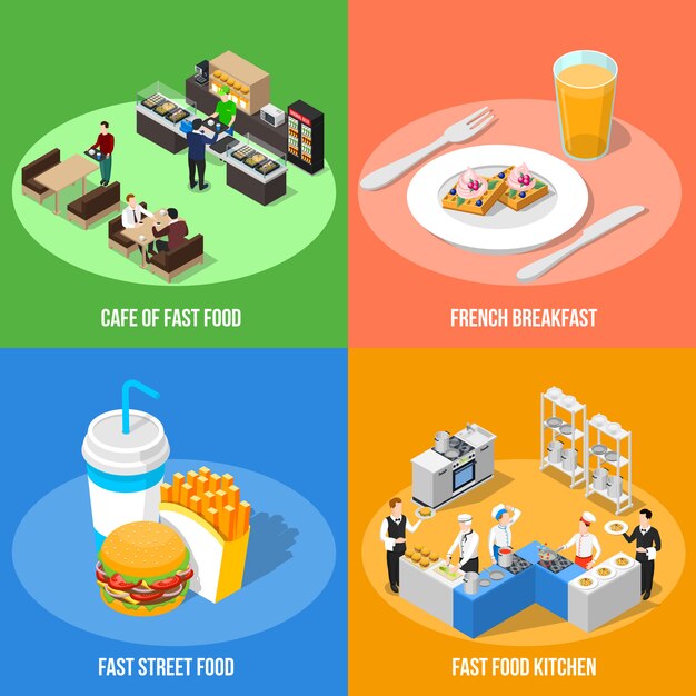 Concepto de diseño isométrico de comida rápida 2x2