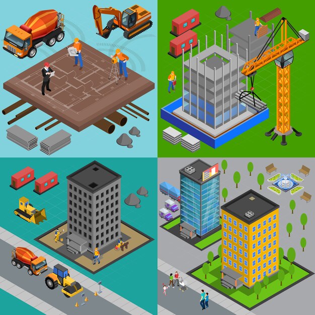Concepto de diseño isométrico de construcción con vista de patios y casas en diferentes puntos de construcción ilustración vectorial