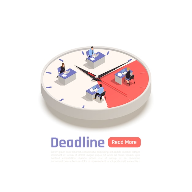 Concepto de diseño isométrico de fecha límite con un equipo de empleados sentados en sus escritorios en un gran reloj redondo
