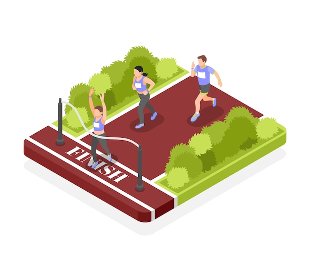 Concepto de diseño isométrico de final de maratón con ilustración de vector de competencia ganadora de corredor femenino