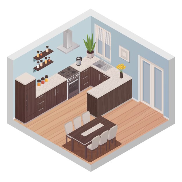 Concepto de diseño isométrico interior de cocina moderna con zona de cocina y zona de comedor para seis personas f