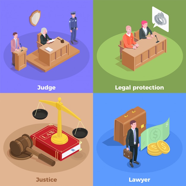 Concepto de diseño isométrico de justicia legal con iconos y personajes humanos de los participantes de la sesión de la corte con ilustración de texto