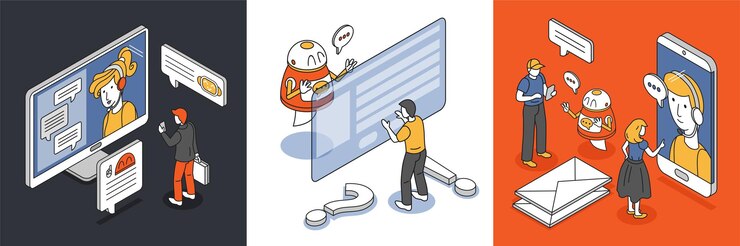 Vector gratuito concepto de diseño isométrico con personajes humanos preguntando ilustración de chatbot
