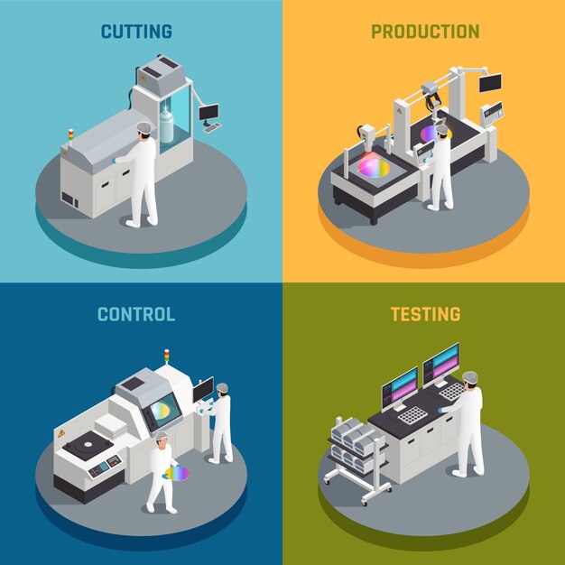 Concepto de diseño isométrico de producción de chips semiconductores con imágenes que representan diferentes etapas de la fabricación de chips de silicio ilustración vectorial