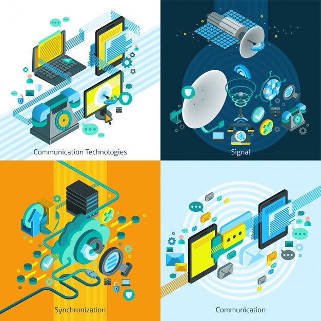 Concepto de diseño isométrico de telecomunicaciones 2x2