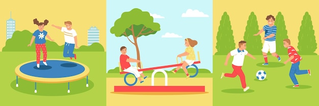 El concepto de diseño de juegos para niños establece que los niños saltan en columpios de trampolín y juegan ilustración vectorial de fútbol