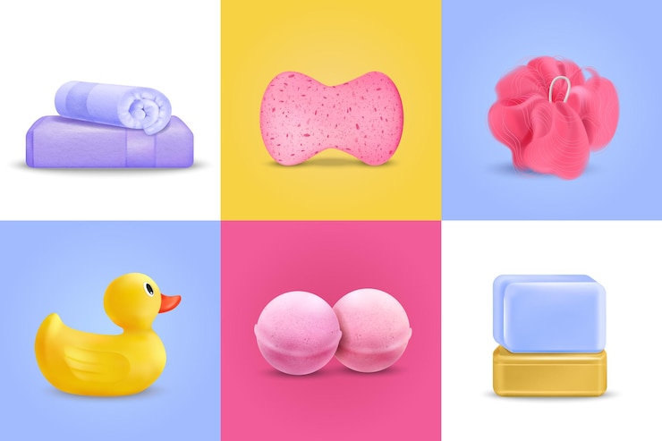 Vector gratuito concepto de diseño de lavado de baño con patito y jabón ilustración aislada realista