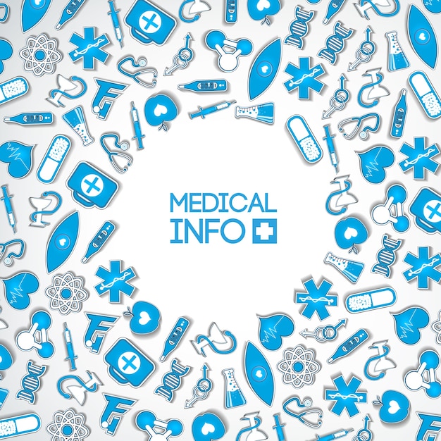 Vector gratuito concepto de diseño de medicina saludable con inscripción e iconos y elementos de papel azul médico en luz