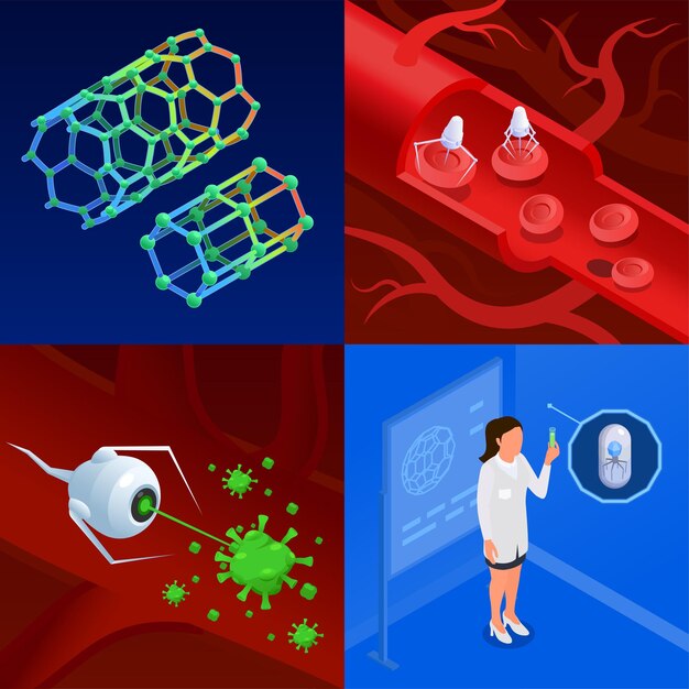 Concepto de diseño de nanotecnología isométrica 2x2 con nanorobots de nanotubos y científica femenina en ilustración vectorial aislada de laboratorio