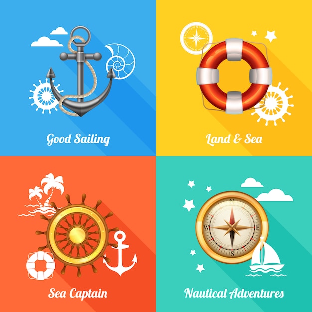 Concepto de diseño náutico 4 iconos planos.
