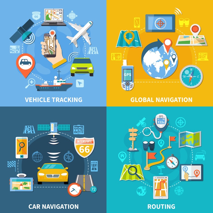 Vector gratuito concepto de diseño de navegación con cuatro composiciones, pictogramas e iconos planos con letreros, satélites gps y gadgets.