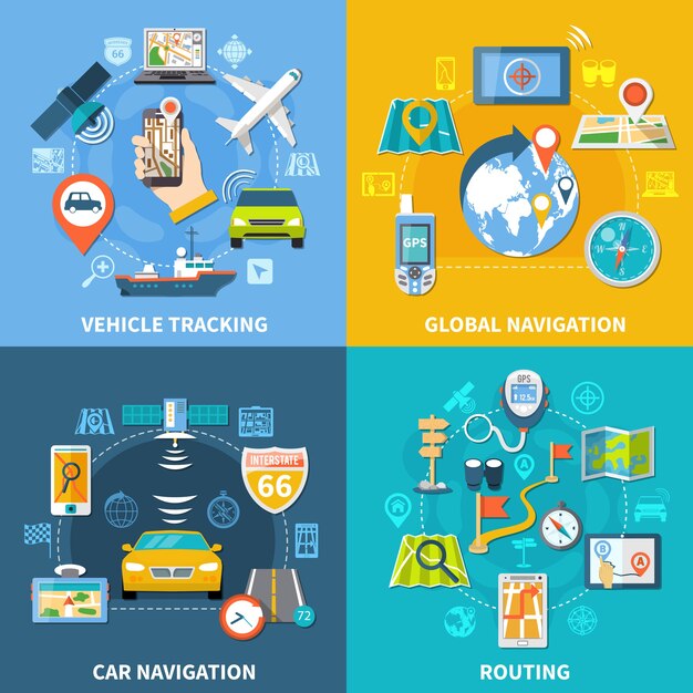 Concepto de diseño de navegación con cuatro composiciones, pictogramas e iconos planos con letreros, satélites gps y gadgets.