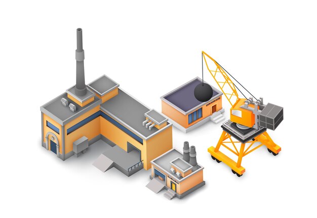 Concepto de diseño de objetos de fábrica en blanco con construcciones industriales, edificios amarillos y grises, concepto de máquina y diferentes herramientas
