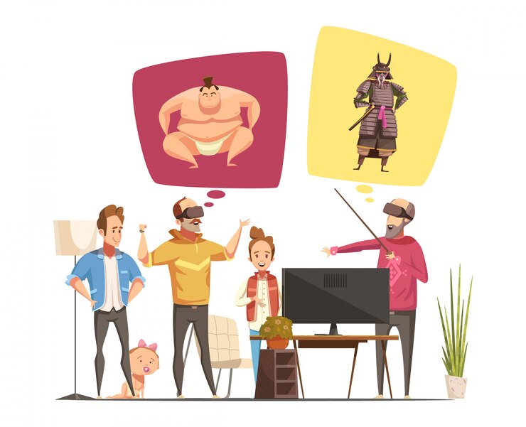 Vector gratuito concepto de diseño de pasatiempos familiares con figuras de dibujos animados de miembros de la familia y su ilustración de vector plano de gafas de realidad virtual