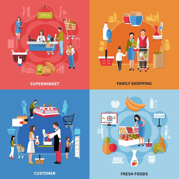Concepto de diseño de personas de supermercado con compras familiares, alimentos frescos, vendedor y cliente, caja aislada