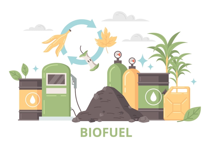 Vector gratuito concepto de diseño plano de energía verde que consiste en desechos orgánicos y subproductos como fuentes de diferentes tipos de ilustraciones de vectores de biocombustibles