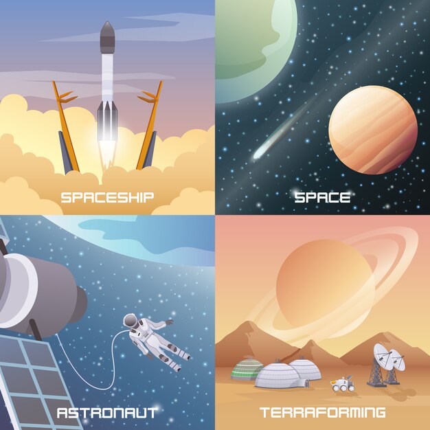 Concepto de diseño plano de la exploración espacial 2x2