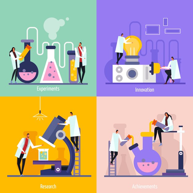Concepto de diseño plano de laboratorio de ciencias con experimentos, innovación, investigación y logros.