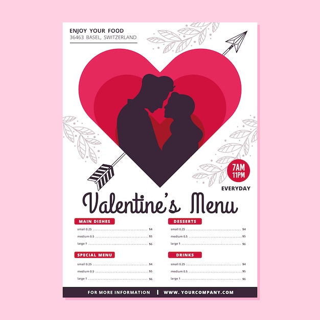 Vector gratuito concepto de diseño plano para el menú del día de san valentín