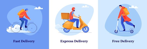 Concepto de diseño plano de servicio de entrega rápida y gratuita con hombres entregando paquetes en bicicleta, moto y scooter aislado