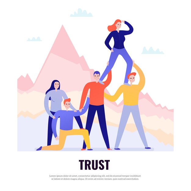 Concepto de diseño plano de trabajo en equipo con personas de pie juntas y confiando unos en otros ilustración