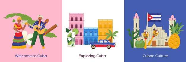 El concepto de diseño plano de viaje a Cuba con la danza de la gente cubana y los elementos de la cultura ilustración vectorial aislada
