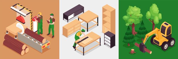 Concepto de diseño de producción de muebles de madera isométrica con ilustración cuadrada