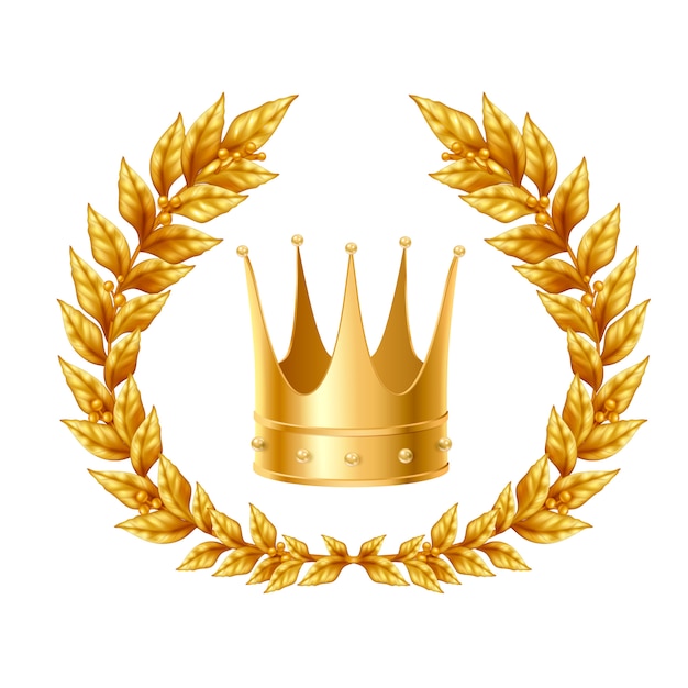 Concepto de diseño realista con corona y corona de laurel dorado.