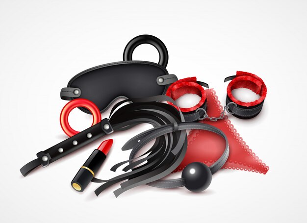 Concepto de diseño realista de juguetes sexuales de mujer en colores rojo y negro con ilustración de esposas y pestañas de lápiz labial