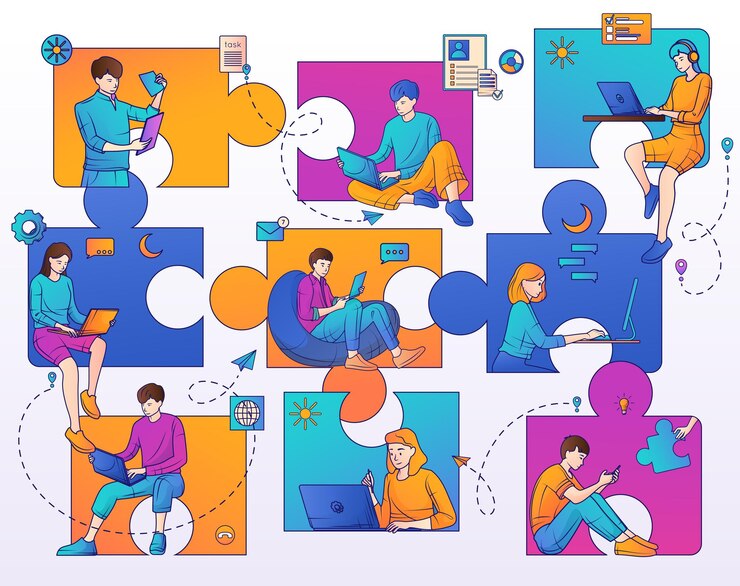 Vector gratuito el concepto de diseño de rompecabezas de subcontratación como alegoría de la creación de una ilustración vectorial plana de negocios globales