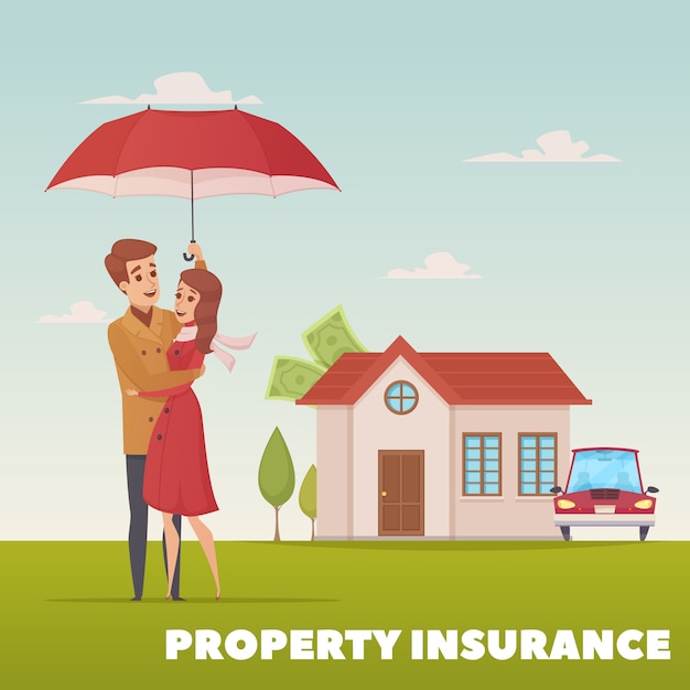 Vector gratuito concepto de diseño de seguro de propiedad con una joven pareja familiar bajo el paraguas en el fondo de la casa y