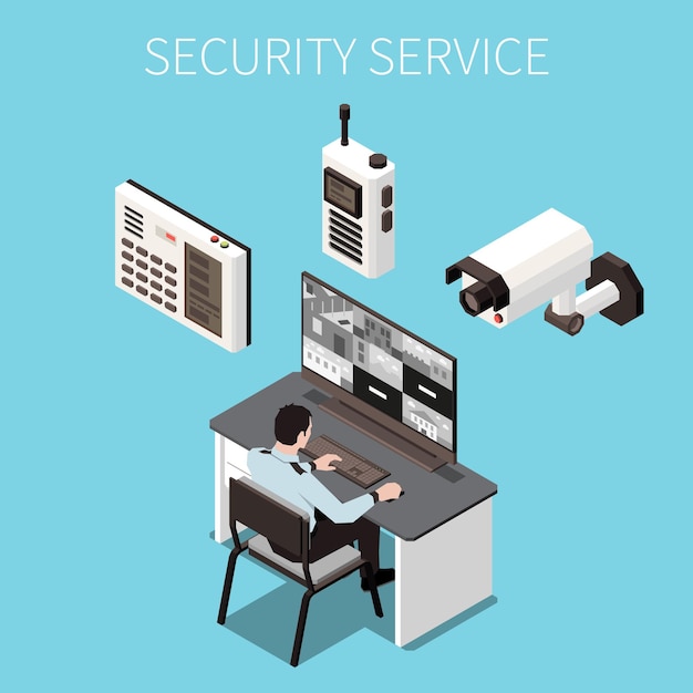 Concepto de diseño de servicio de seguridad con guardia de oficina mirando en la pantalla del sistema de videovigilancia ilustración vectorial isométrica
